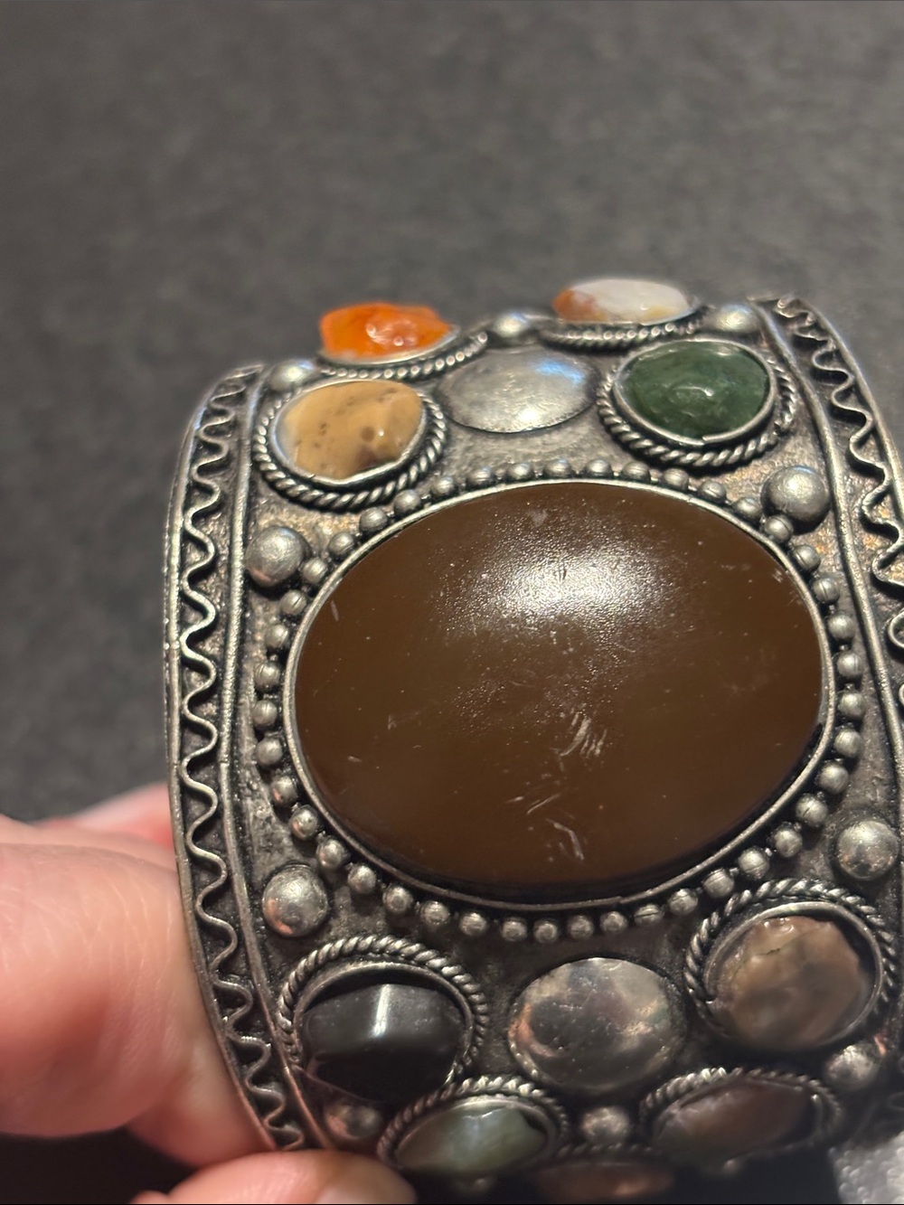 Vintage Multi-Stone Silver Tone Cuff Bracelet in Brown, Green, Orange, Black